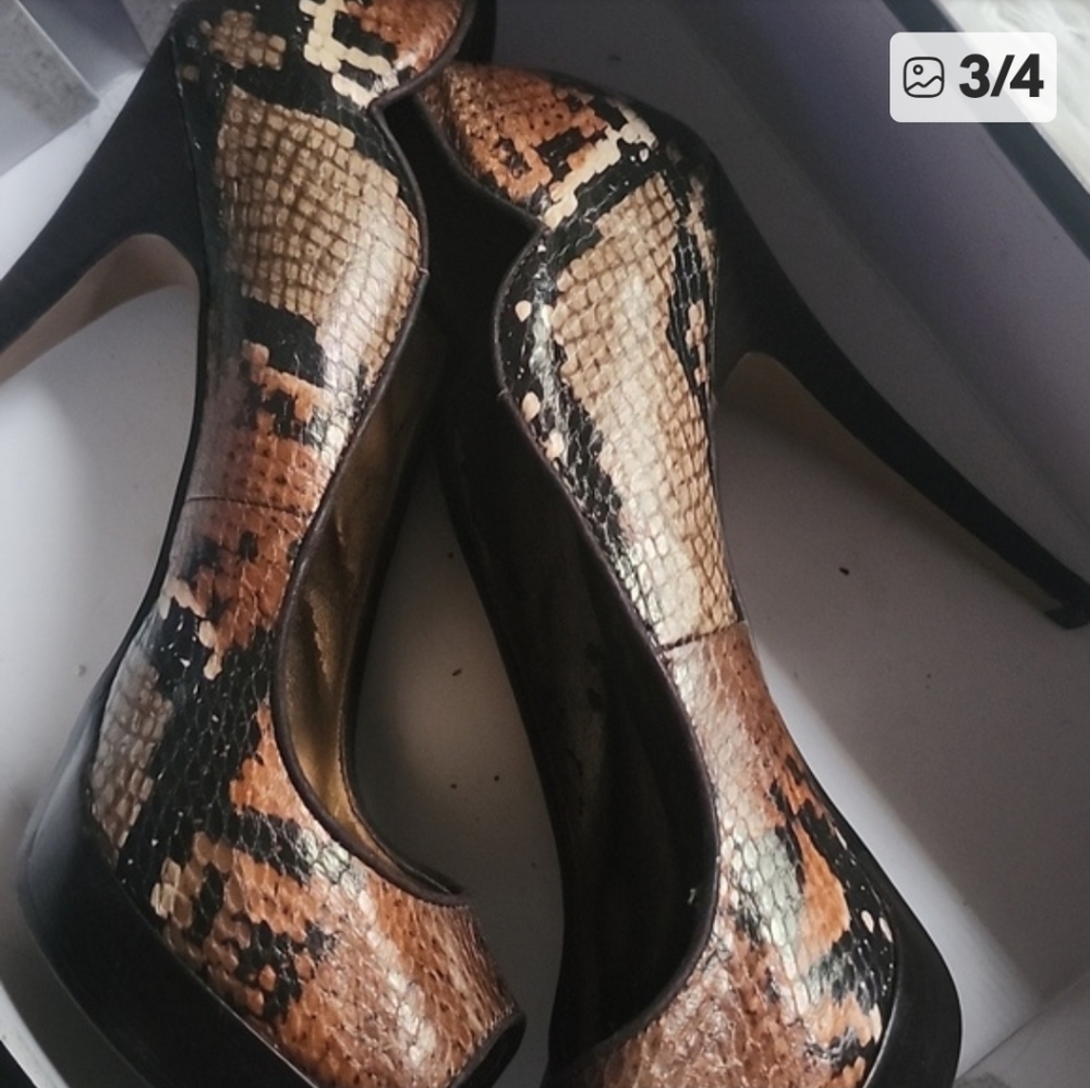 Peep-Toe Snakeskin Platform Pumps in Brown